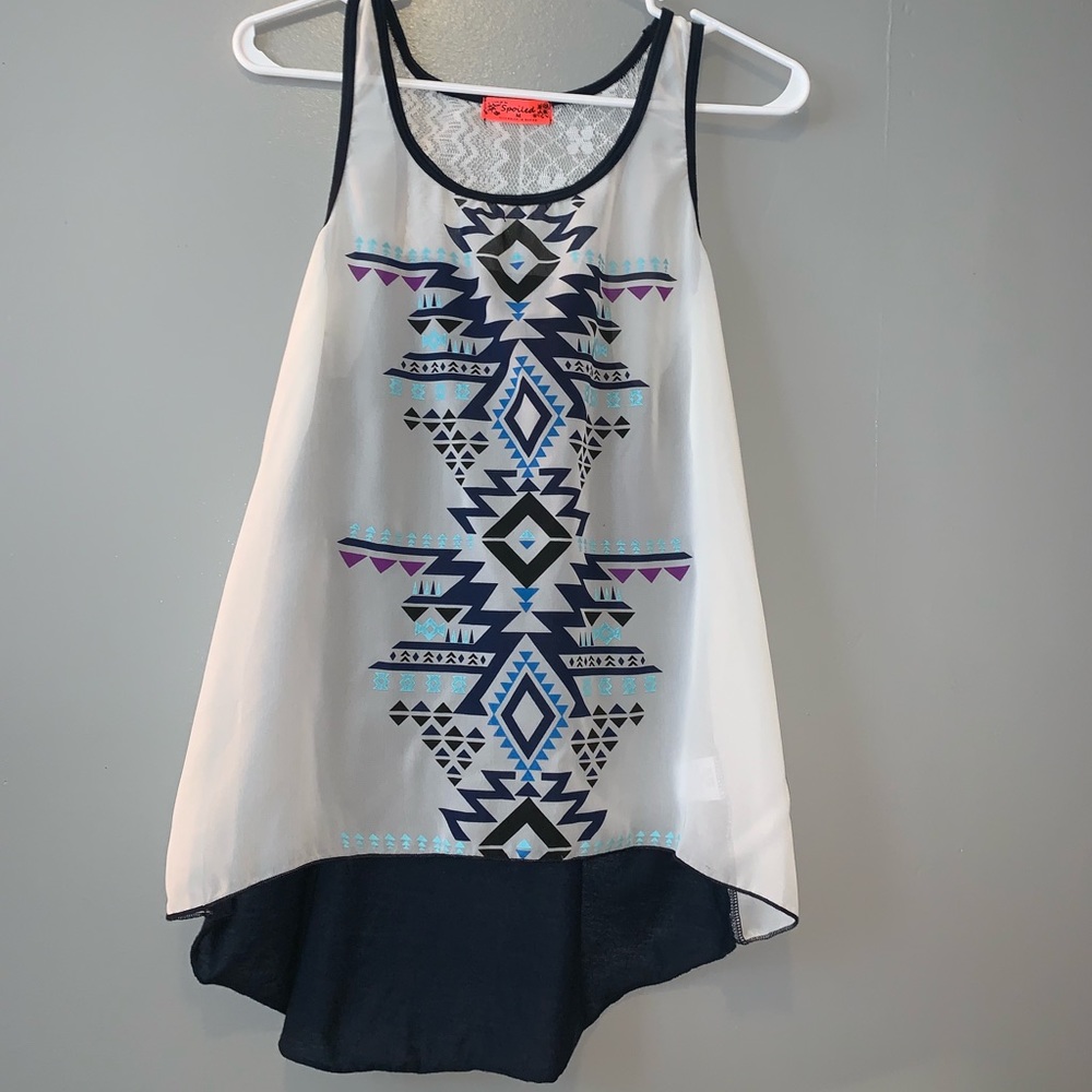 Tribal patterned, white racer back tank top